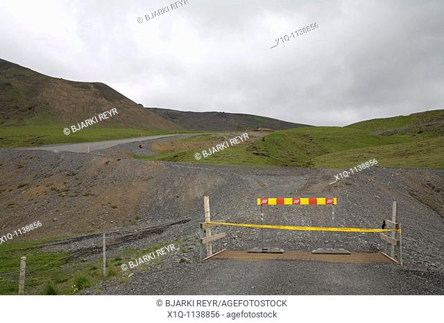 Iceland, June 9, 2010 : Volcanic ash from Eyjafjallajokull volcano is still blowing around south and southwest Iceland  Roadblock is closing the roads towards...