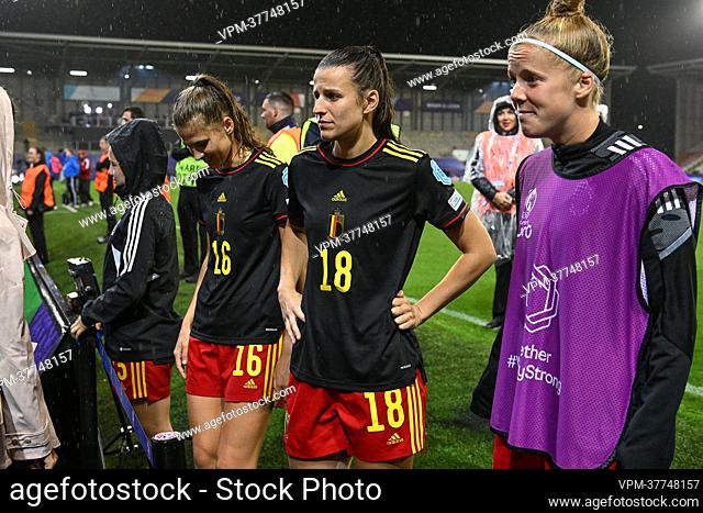 Belgium's Marie Minnaert, Belgium's Laura De Neve and Belgium's Laura Deloose pictured after a game between Belgium's national women's soccer team the Red...