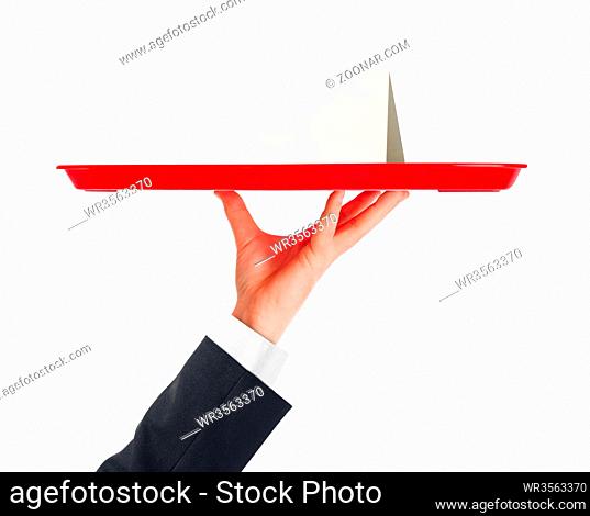 Hand and tray with paper card isolated on white background