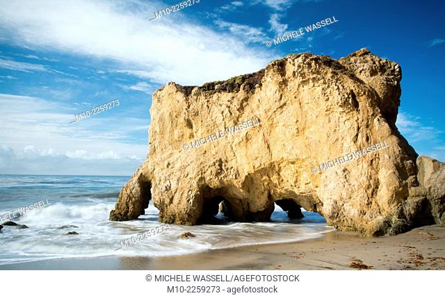 Many arches in the sea-stack at El Matador beach in southern California, USA