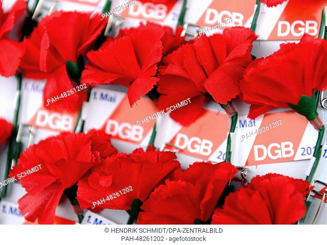 Pins in the shape of red carnations at the booth of the DGB in Plauen, Germany, 01 May 2014. Rallys by political parties and unions are taking place all across...