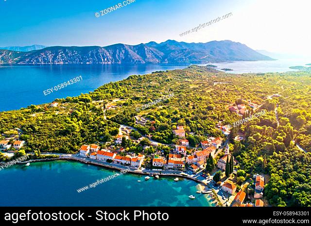 Korcula and Peljesac. Idyllic coastal village of Racisce on Korcula island and Peljesac aerial view, southern Dalmatia region of Croatia