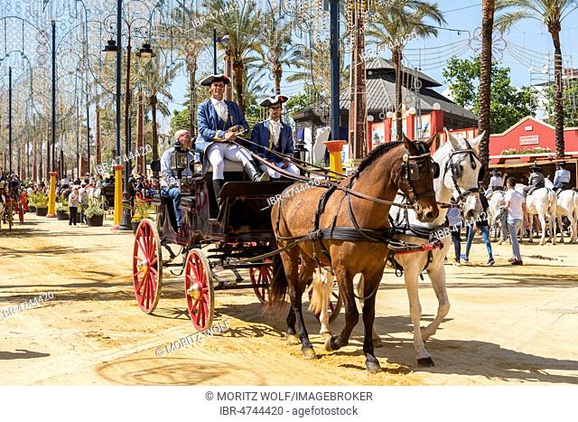 Spaniards in traditional festive dress on horse-drawn carriage, Feria de Caballo, Jerez de la Frontera, Cádiz province, Andalusia, Spain