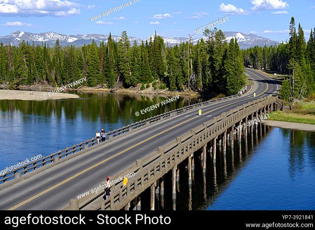 Yellowstone National Park Scenic View With Fishing Bridge And Avalanche Peak, Wyoming, USA