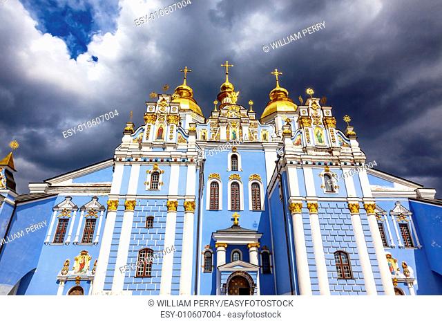 Saint Michael Monastery Cathedral Steeples Spires Facade Kiev Ukraine. Saint Michael's is a functioning Greek Orthordox Monasatery in Kiev