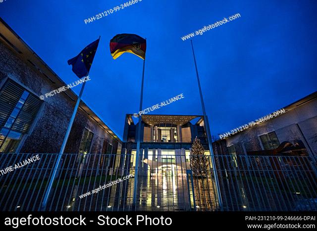 10 December 2023, Berlin: The Chancellery is illuminated at the blue hour. Following the Federal Constitutional Court's budget ruling