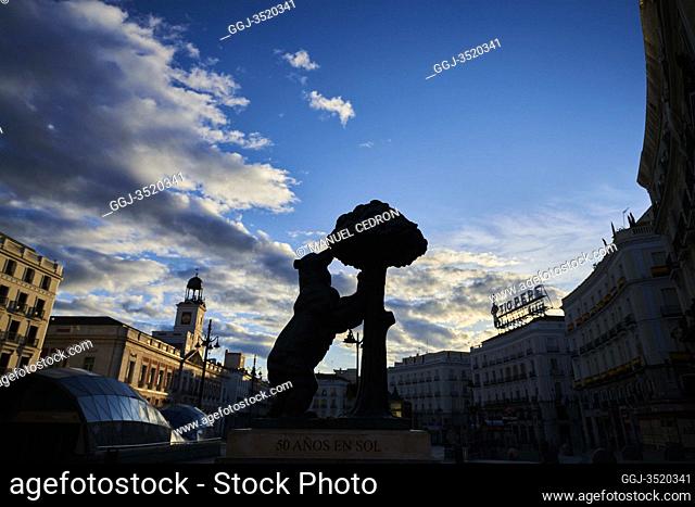 Empty streets and social distancing during the Coronavirus outbreak. Puerta del Sol with Oso and Madrono statue on April 29, 2020 in Madrid