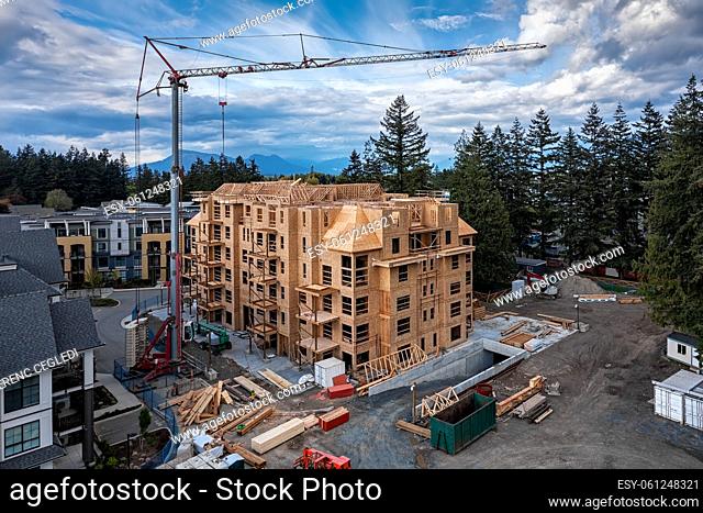 The real estate market is booming in British Columbia, Canada. Elevated overview of a new construction site of a new development of apartments