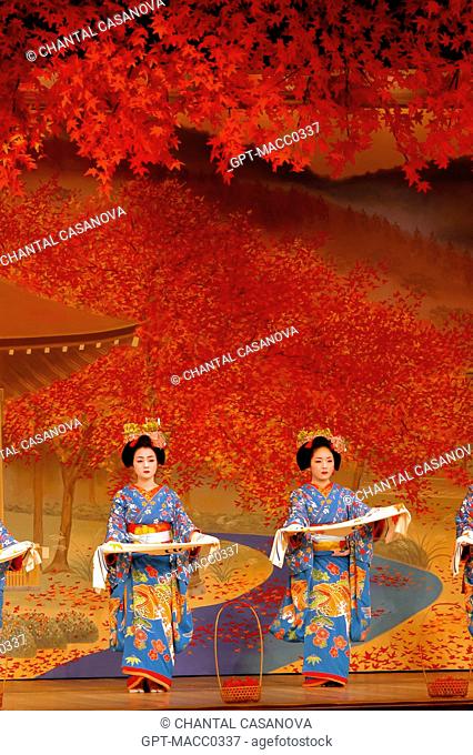 THE CHERRY TREE DANCE PERFORMED BY THE DANCING GEIKOS AND MAIKOS TACHIKATA, MIYAKO-ODORI SHOW AT THE KABURENJO THEATRE OF TRADITIONAL DANCE, GION KOBU DISTRICT