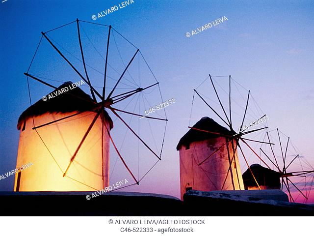 Windmills on the Coast, Mykonos. Cyclades Islands. Greece