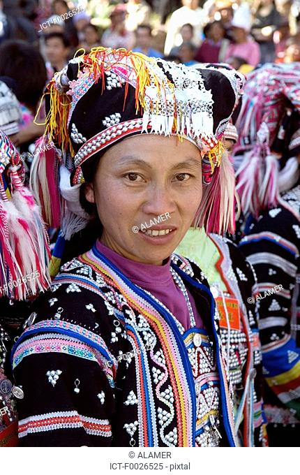China, Yunnan, Lancang, Aini woman wearing traditional costume