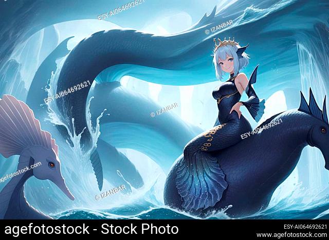 A pretty girl princess riding a seahorse manga anime style illustration generative ai