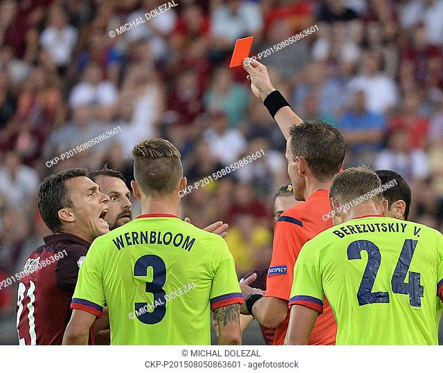 David Lafata of Sparta, left, argues while Marek Matejovsky of Sparta receives red card from referee Paolo Mazzoleni during the third qualifying round of the...