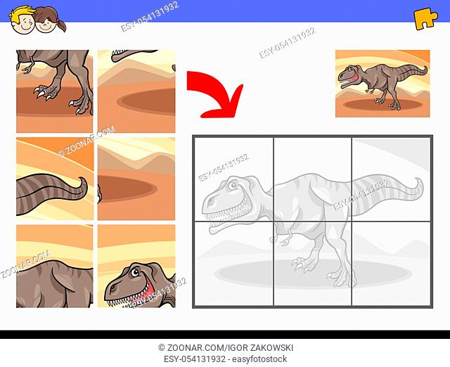 Cartoon Illustration of Educational Jigsaw Puzzle Activity Game for Children with Tyrannosaurus Dinosaur Animal Character