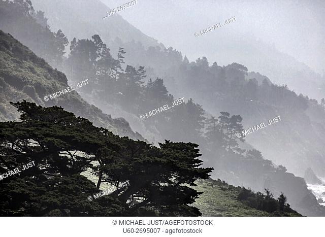 Fog rolls into the highlands along California's Pacific Ocean Coast at Big Sur