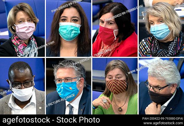 22 April 2020, Berlin: KOMBO - Members of parliament wear face masks during the government questioning in the plenum in the Bundestag