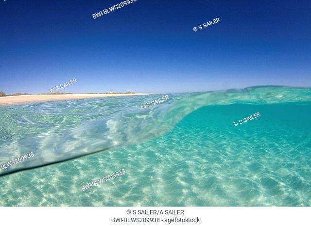 Sand ripples - over and under water shot of a sun drenched ocean, Australia, Western Australia, Ningaloo Reef Marine Park