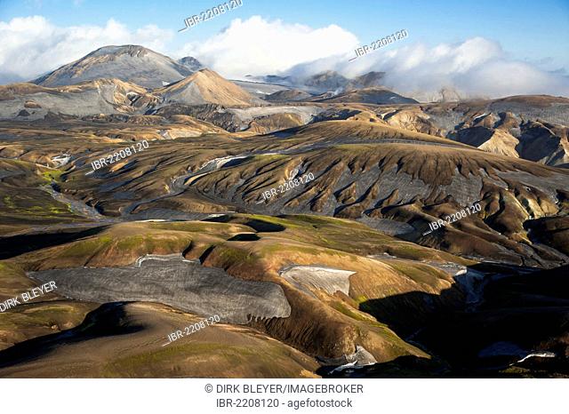 Aerial view, rhyolite mountains covered in snow and ashes, Landmannalaugar, Fjallabak Nature Reserve, Highlands of Iceland, Iceland, Europe