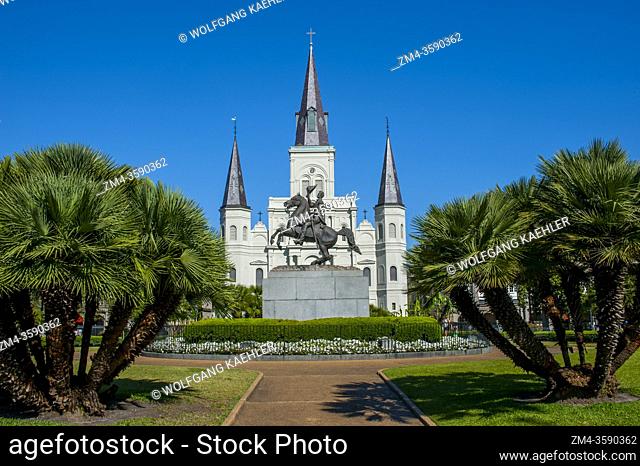 Jackson Square, a historic park in the French Quarter of New Orleans, Louisiana with Saint Louis Cathedral and the equestrian statue of Major General Andrew...