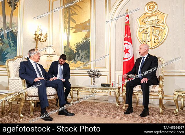TUNISIA, TUNIS - DECEMBER 21, 2023: Russia's Foreign Minister Sergei Lavrov (L) and Tunisia's President Kais Saied (R) hold a meeting