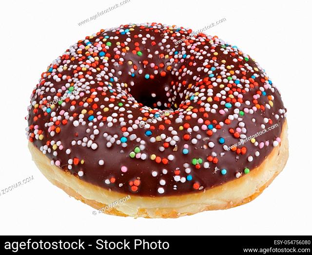 In the future we will eat this concept. Fat donut with fake clay chocolate with palm oil . Isolated on white studio macro