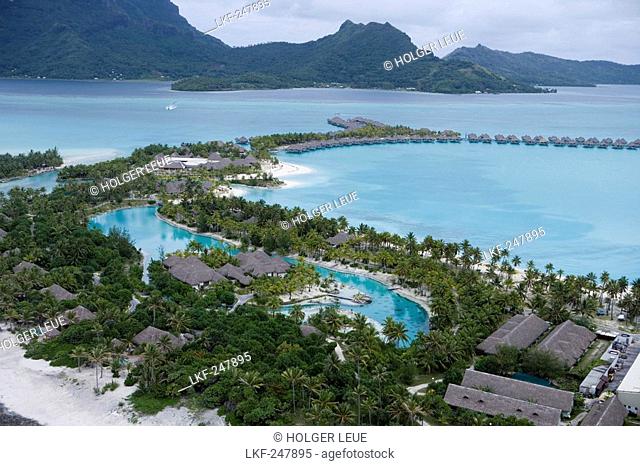 Aerial view of hotel complex with many bungalows, Bora Bora, Society Islands, French Polynesia, South Pacific, Oceania