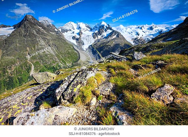 The Piz Bernina (4049 m), the Biancograt and the Piz Roseg (3937 m) in summer