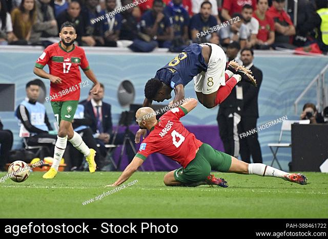 TCHOUAMENI Aurelien (FRA), action, duels versus AMRABAT Sofyan (MAR). Semi-final, semi-final game 62, France (FRA) - Morocco (MAR) 2-0, on December 14th, 2022
