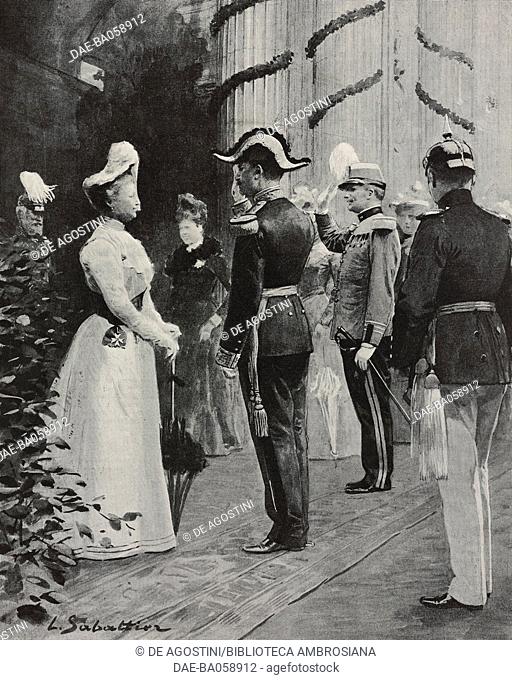 Princess Hermine Reuss of Greiz with General Bonnal and Lieutenant Colonel Gallet under the Neues Palais colonnade, Schrippenfest festival, Potsdam, Germany