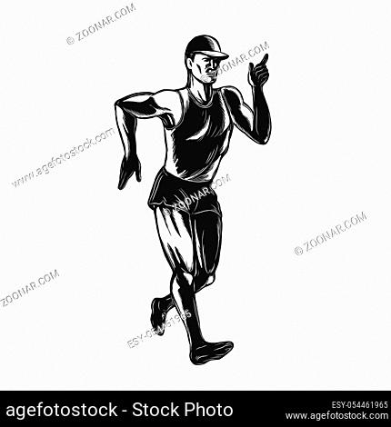 Scratchboard style illustration of an athlete race walker walking or racewalking, a long-distance discipline within the sport of athletics done on scraperboard...