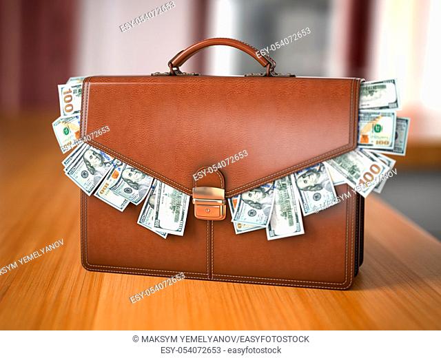 Briefcase full of dollars isolated on the table. Bribery, corruption, stock exchange portfolio financial concept. 3d illustration