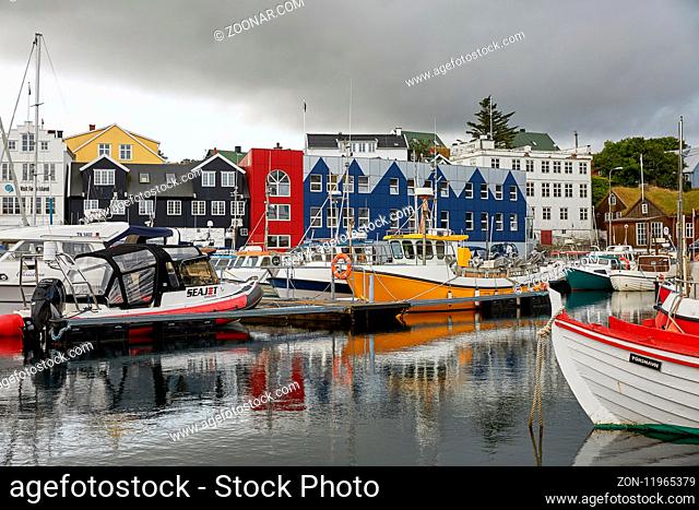 TORSHAWN, FAROE ISLANDS, DENMARK - AUGUST 21, 2018: Harbour in bay of Torshawn, which is the capital city of Faroe Islands, Denmark