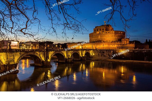 Rome, Lazio, Italy. Castle St. Angelo in the blue hour