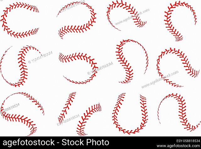 Baseball ball lace. Realistic softball balls with red threads stitches graphic elements, spherical stroke lines for sport leather balls, vector isolated set