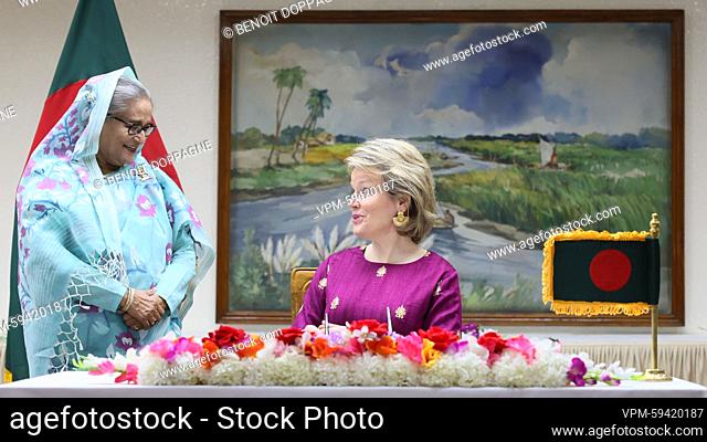Queen Mathilde of Belgium and Bangladesh prime minister Sheikh Hasina Wazed pictured at a diplomatic meeting in Dhaka, Bangladesh on Wednesday 08 February 2023