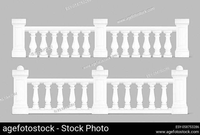Marble balustrade, white balcony railing or handrails. Banister or fencing sections with decorative pillars. Panels balusters for architecture design isolated...