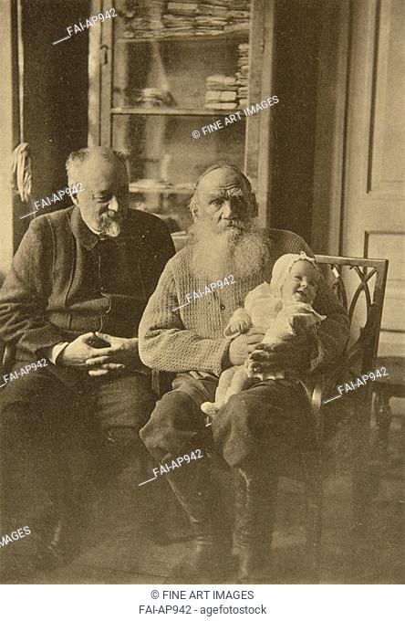 Leo Tolstoy with the son-in-law Mikhail Sukhotin and granddaughter Tatiana. Tolstaya, Sophia Andreevna (1844-1919). Albumin Photo. 1900s