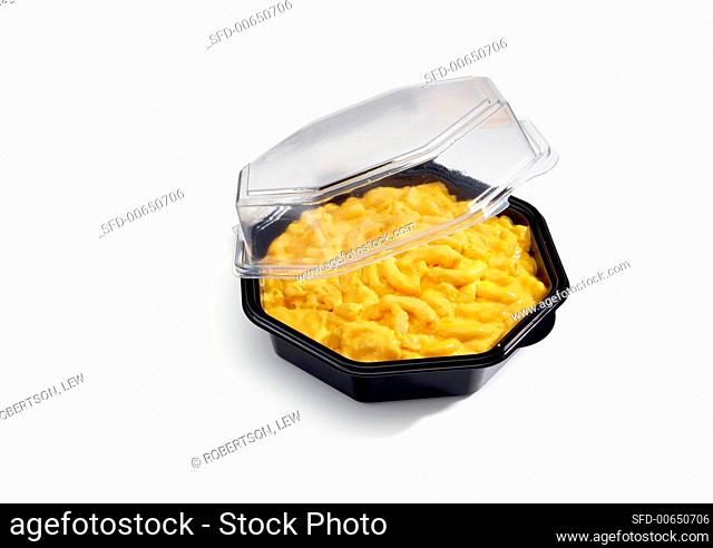 Macaroni and Cheese in a Plastic To-Go Container; White Background