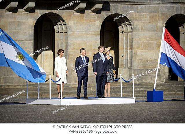 King Willem-Alexander and Queen Maxima of The Netherlands welcome President Maurico Macri and his wife Juliana Awada of Argentina during an official welcome...