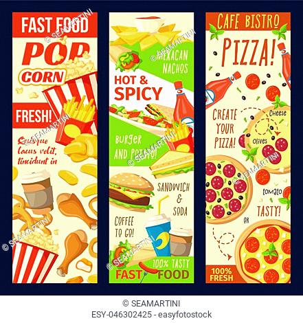 Fast food menu banners for restaurant design of burgers, sandwiches or pizza and Mexican burrito or taco. Vector street food hot dog snack