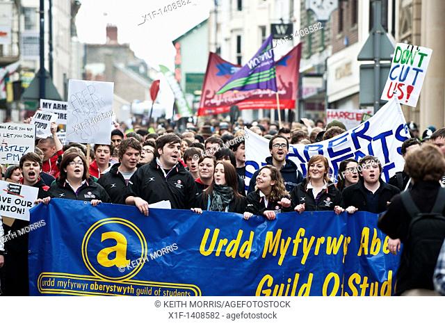 Aberystwyth University students demonstrating in the town against the cuts in higher education funding in Wales  Feb 22 2011  Photo ©Keith Morris keith@artx co...