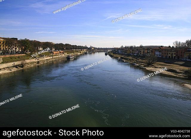 Pavia, Lombardy, Italy, Europe. Ticino River (Tessin, Ticinus). The river rises in the Val Bedretto in Switzerland at the frontier between the cantons of Valais...