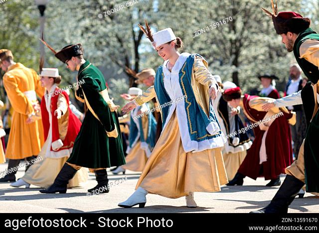 Chicago, Illinois, USA - May 05, 2018 Members of Polonia, polish folk song and dance ensemble, wearing traditional clothing
