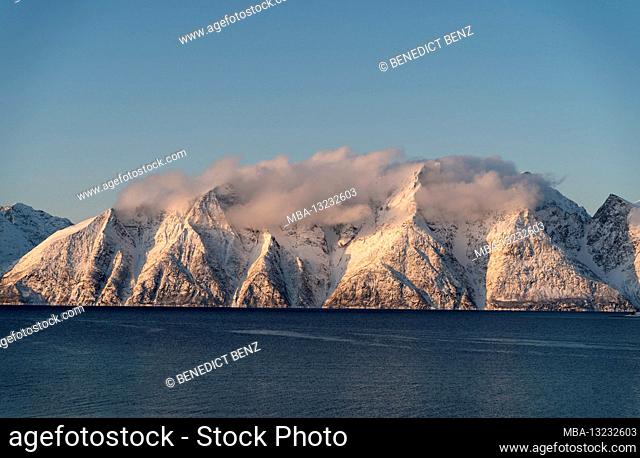 Norway, Nord-Norge, Winter, Mountain, Peaks, Sunset, Sky, Snow, Fjord, Sea, Fjord