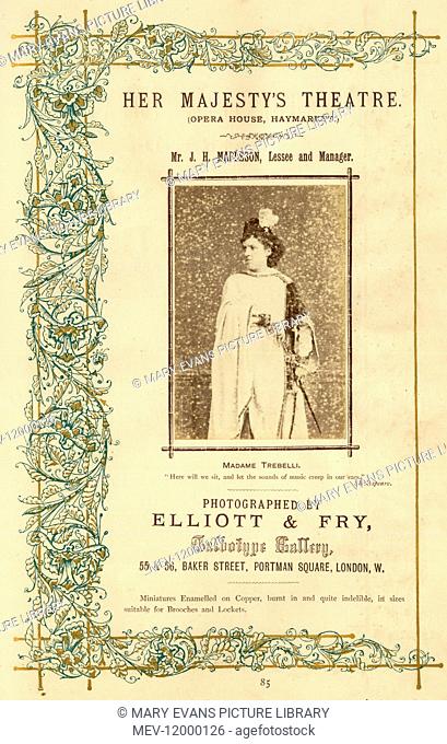 Advert for Elliott and Fry, photographers -- Madame Zelia Trebelli-Bettini (Zelia Gilbert, 1836-1892), French opera singer, Her Majesty's Theatre, London