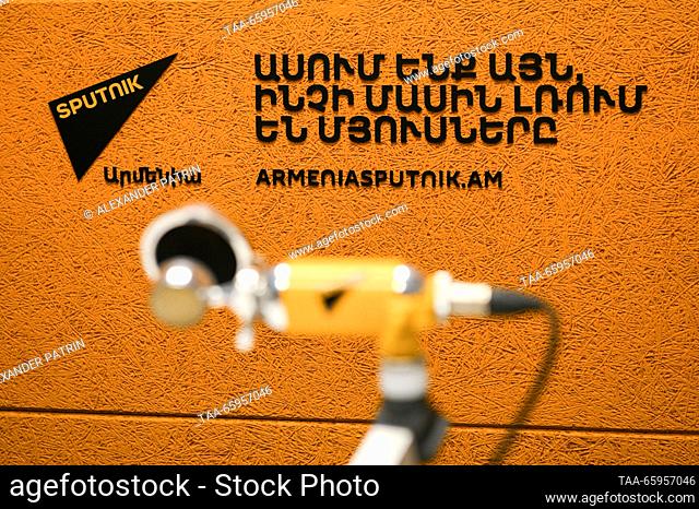 ARMENIA, YEREVAN - DECEMBER 21, 2023: A studio of Sputnik Armenia. The Armenian Television and Radio Commission has suspended the licence of Tospa