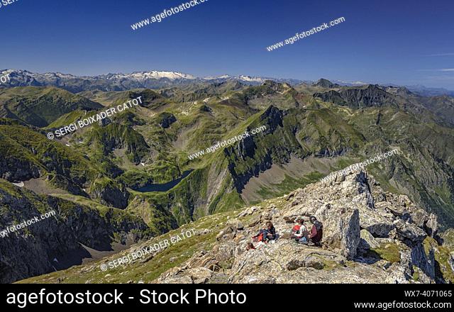 Mont Valier's summit. Views towards Aran Valley and the Maladetas range (Ariège, Pyrenees, France)
