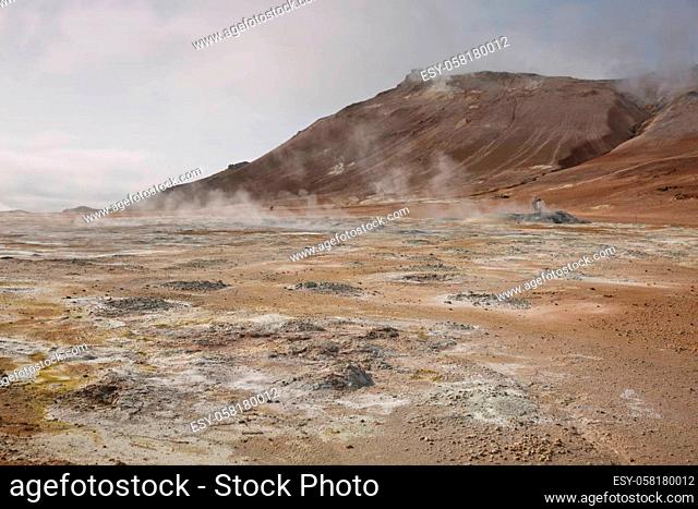 Námaskarð. Fumarole field in Namafjall, Iceland. Namaskard geothermal beauty landscape with mud pools and steam. Icelandic brown landscape