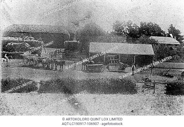 Negative - Farm Yard With Horses, Carts, Haystacks & Outbuildings, Victoria (?), pre 1920, Farm yard with horses, carts, haystacks and outbuildings