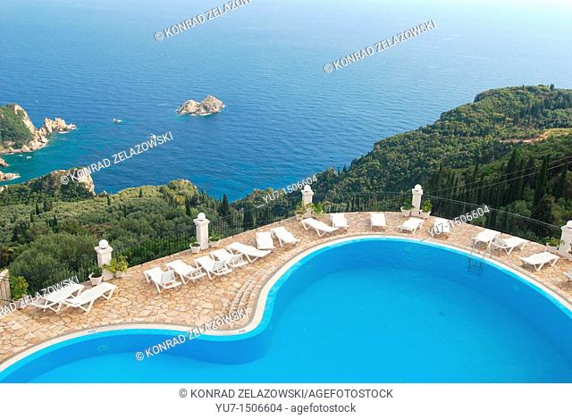Aerial view on Paleokastritsa Palaiokastritsa bays, greek Island of Corfu Ionian Sea